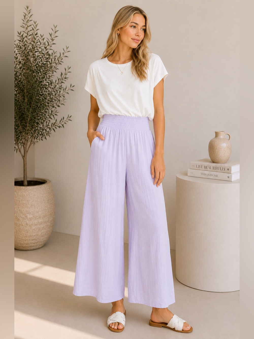HYFVE Lavender Wide-Leg Smocked Waist Pants Pockets L